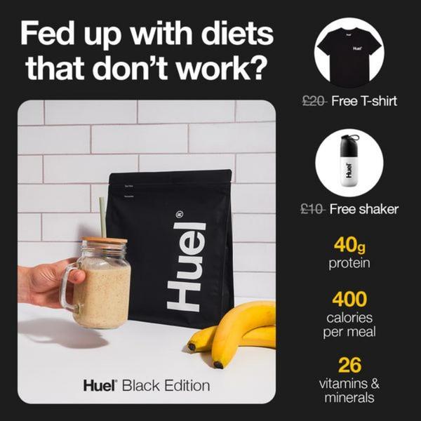 A split-screen ad creative for a meal replacement shake featuring a direct question hook and a list of product benefits alongside a free-gift offer.